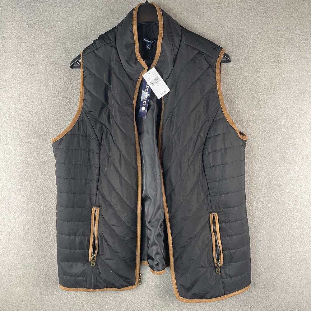 Architect Black Vest with Brown Trip Chrevon-Quilted Puffer Women's Large NWT